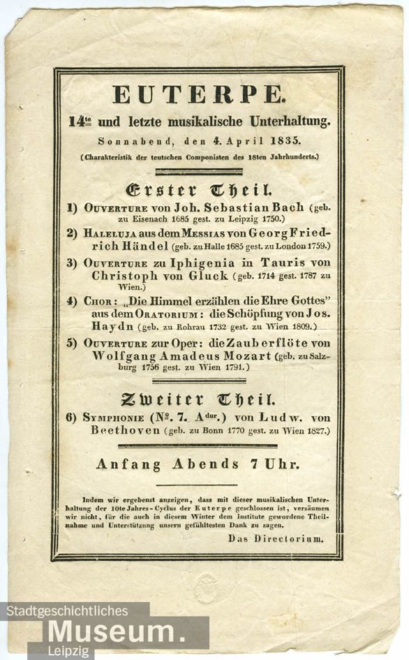 Programme for a concert by Euterpe at Hotel de Pologne on 4 April 1835, Stadtgeschichtliches Museum Leipzig