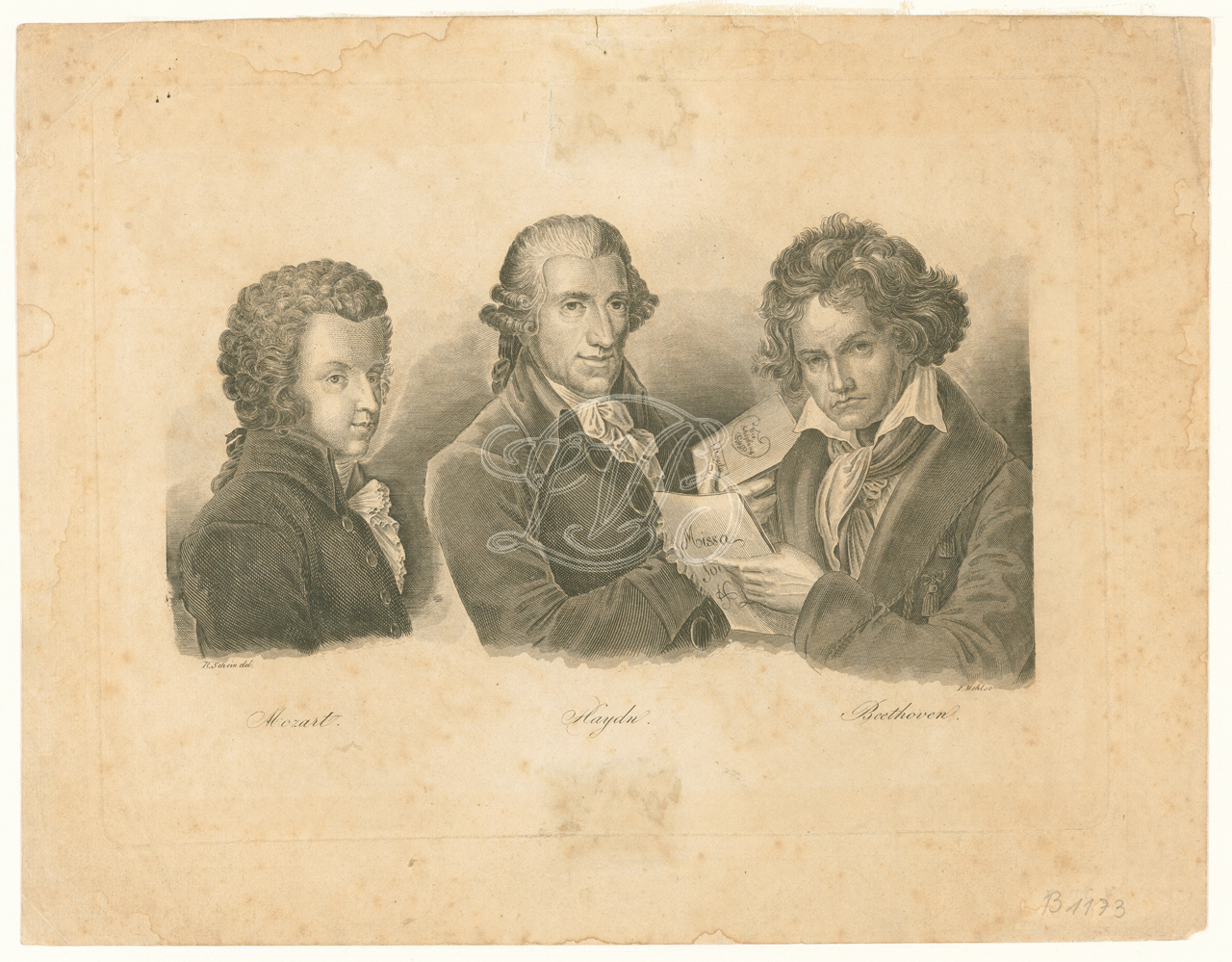 Mozart, Haydn and Beethoven, Engraving by F. Mehl after a drawing by R. Schein, before 1845, Beethoven-Haus Bonn https://www.beethoven.de/de/media/view/5364432465035264/Mozart%2C+Haydn%2C+Beethoven+-+Stich+von+F.+Mehl+nach+einer+Zeichnung+von+R.+Schein