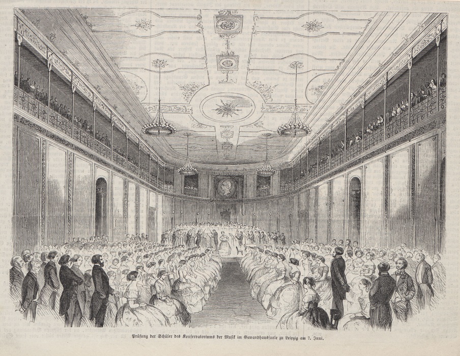 'Examination of students of the Conservatory of Music in the Gewandhaus auditorium in Leipzig on 7 June' 1855, Wooden engraving, Bach-Archiv Leipzig