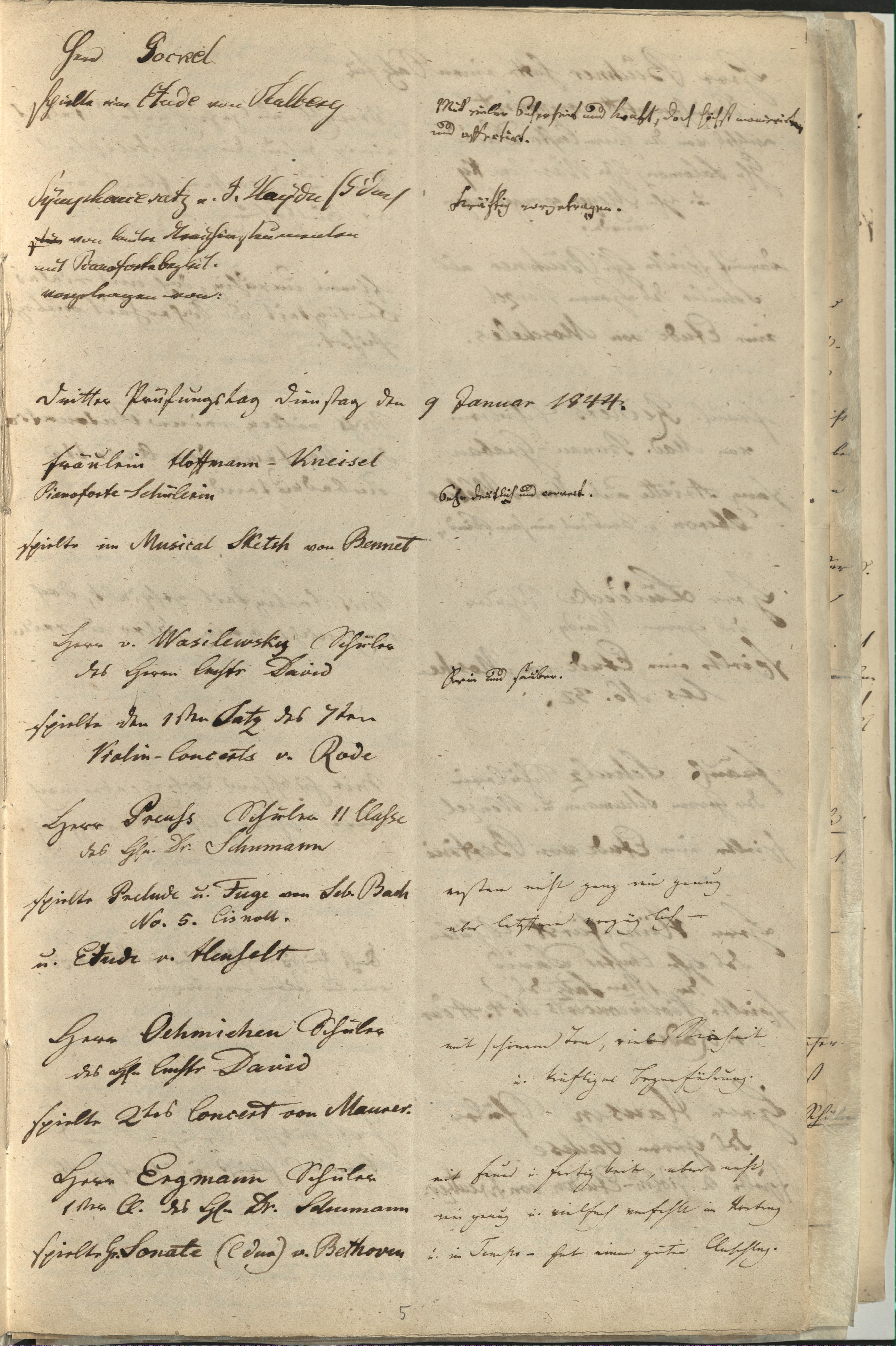 Examination record from the conservatory, 9 January 1844 , Hochschule für Musik und Theater 'Felix Mendelssohn Bartholdy' Leipzig