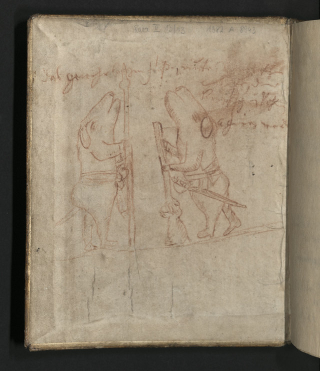 Schülerkarikatur der Wachen am Thomaspförtchen, Einbandinnenseite eines Stimmenheftes des „Florilegium Portense“ (gedruckt Leipzig 1618), Bach-Archiv Leipzig, Rara II, 13/13-B