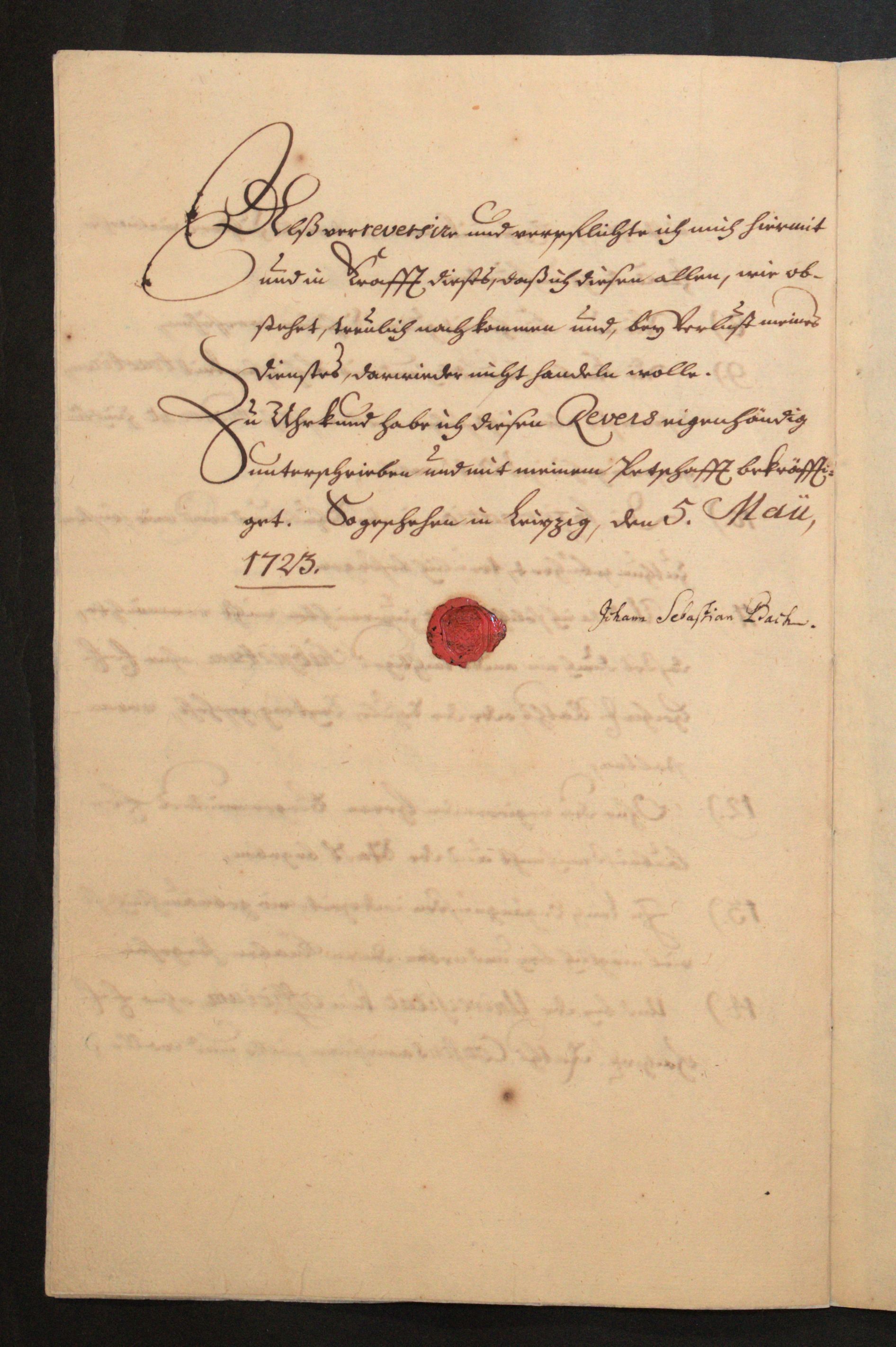 Endgültiger Revers zur Übernahme des Thomaskantorats durch Johann Sebastian Bach (Dok I, 92), Stadtarchiv Leipzig, Ratsstube 0008, Urk.-K. 79, 42, 2<br />
