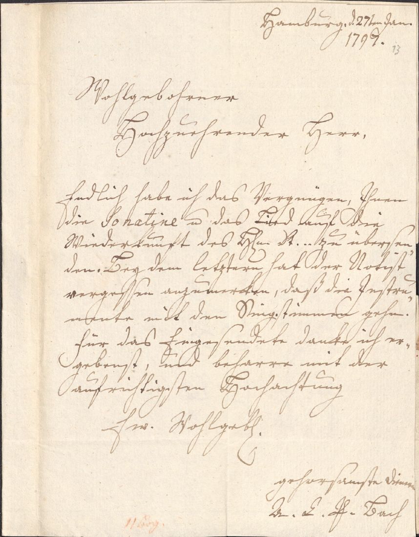 Brief an den Organisten Johann Jacob Westphal, Hamburg, 27. Januar 1797