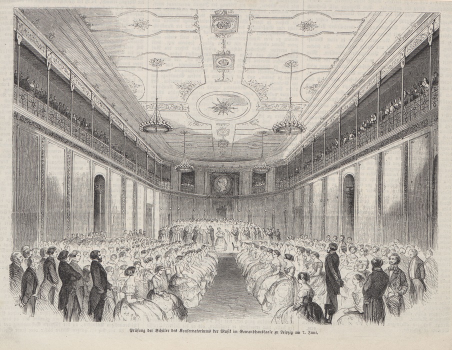 'Examination of students of the Conservatory of Music in the Gewandhaus auditorium in Leipzig on 7 June' 1855, Wooden engraving, Bach-Archiv Leipzig