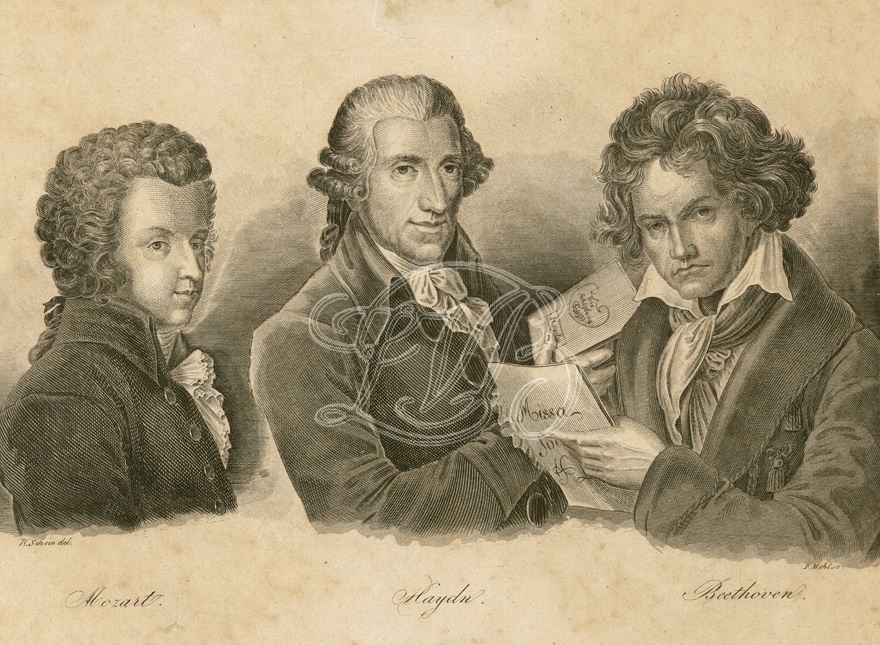 Mozart, Haydn und Beethoven, Stich von F. Mehl nach einer Zeichnung von R. Schein, vor 1845. Beethoven-Haus Bonn