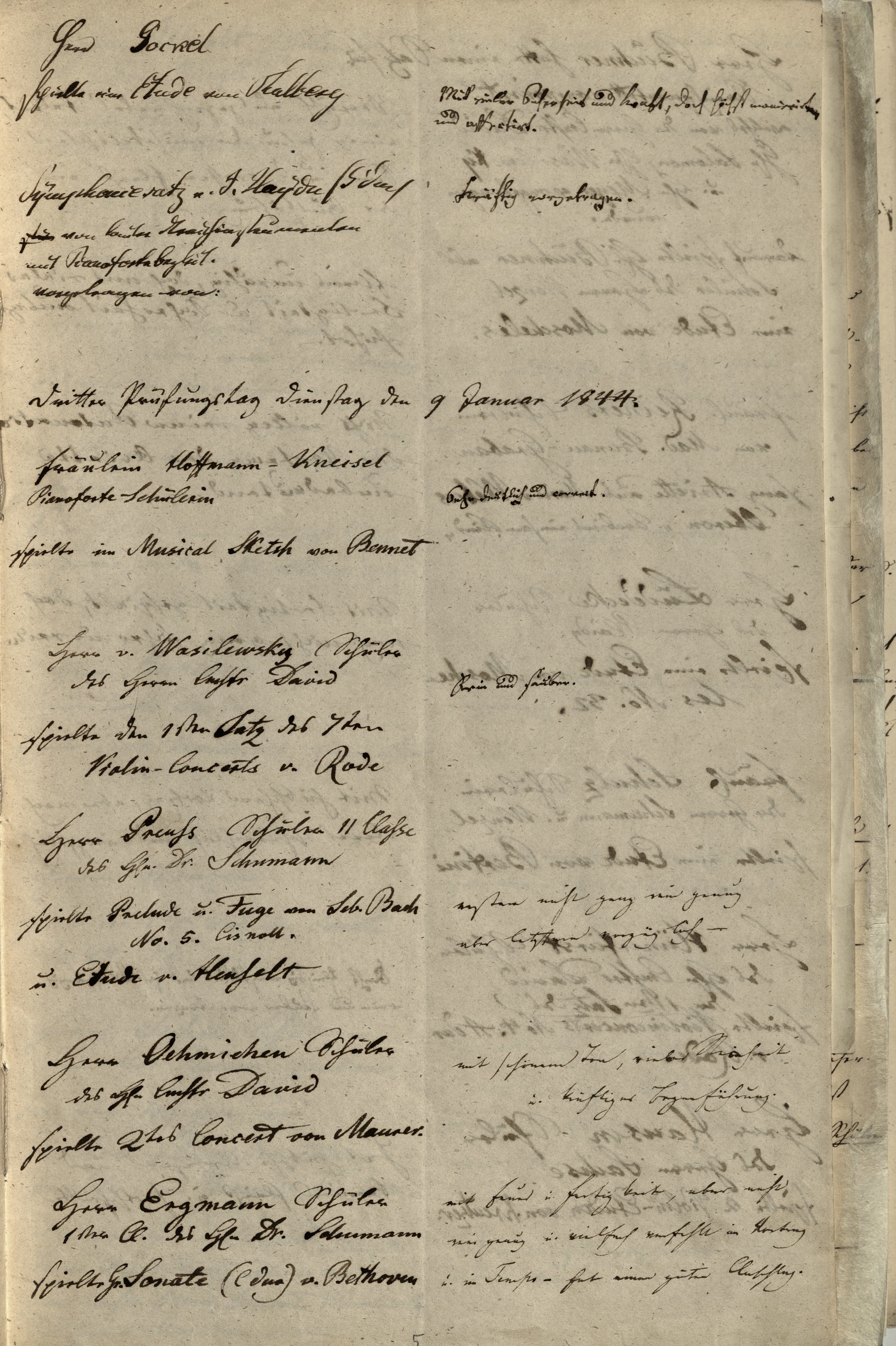 Prüfungsprotokoll des Konservatoriums vom 9. Januar 1844; Hochschule für Musik und Theater „Felix Mendelssohn Bartholdy“ Leipzig