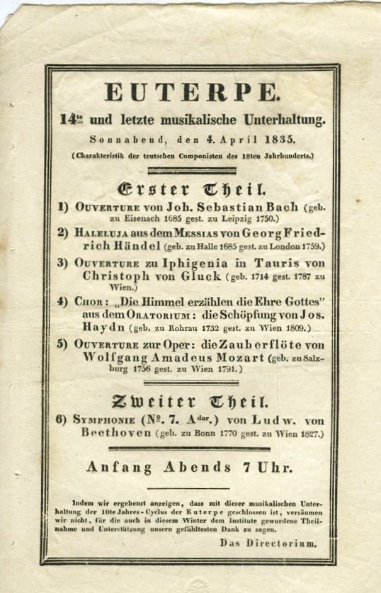 Konzertprogramm des Vereins Euterpe am 4. April 1835 im Hotel de Pologne, Stadtgeschichtliches Museum Leipzig