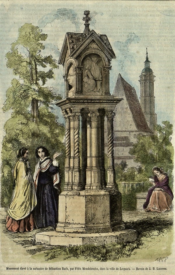 Das Alte Bachdenkmal vor der Thomaskirche nach einem Aquarell von Eduard Bendemann, um 1850, Holzstich, 1858, Bach-Archiv Leipzig